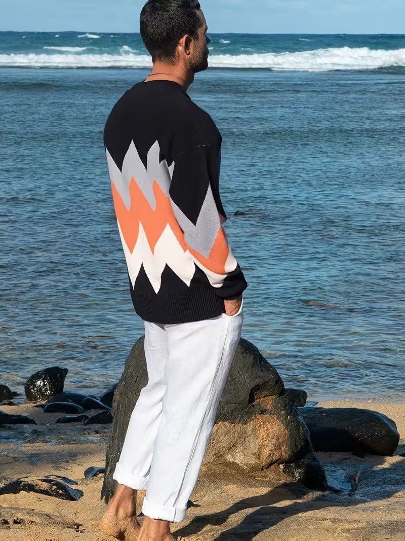 Men's V-Neck Cardigan with Zigzag Pattern