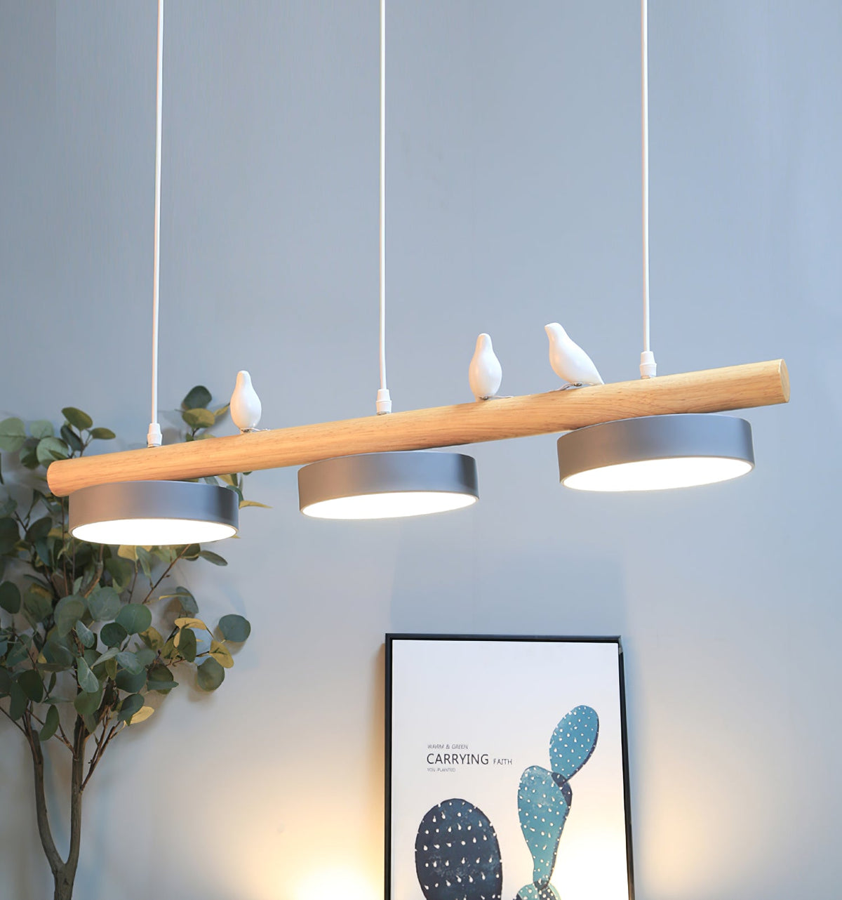 Bird Pendant Light Wood Branch 3-Light Linear Scandinavian