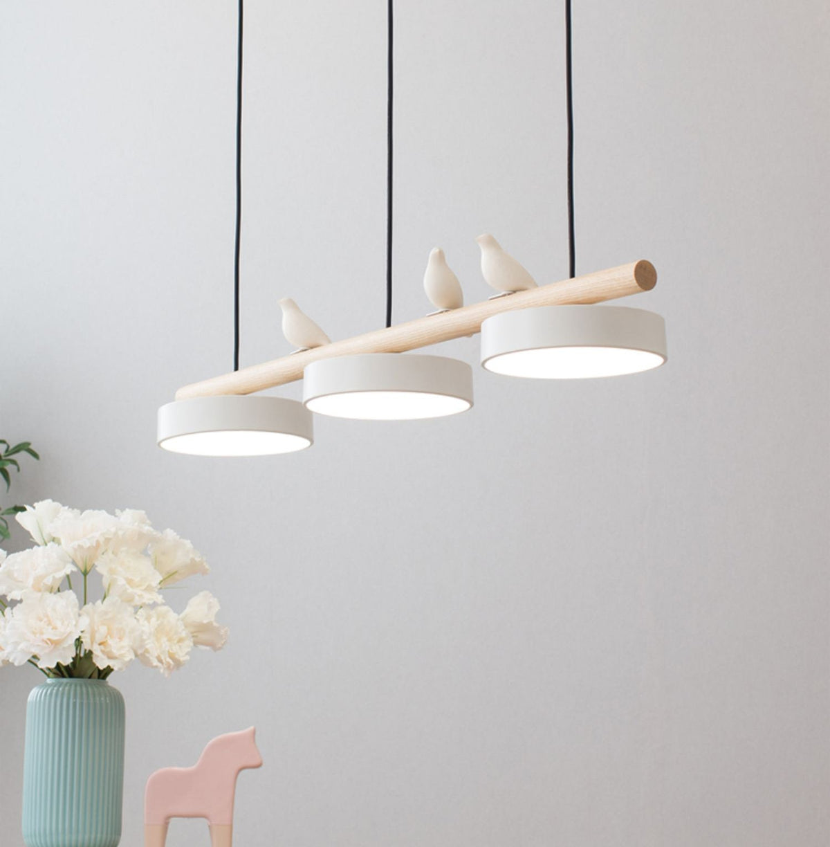 Bird Pendant Light Wood Branch 3-Light Linear Scandinavian
