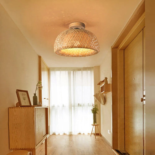 Boho Bamboo Rattan Flush Mount Ceiling Light Hand Woven