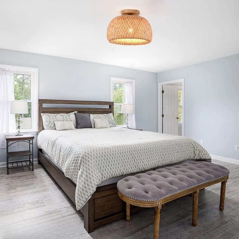 Boho Bamboo Rattan Flush Mount Ceiling Light Hand Woven