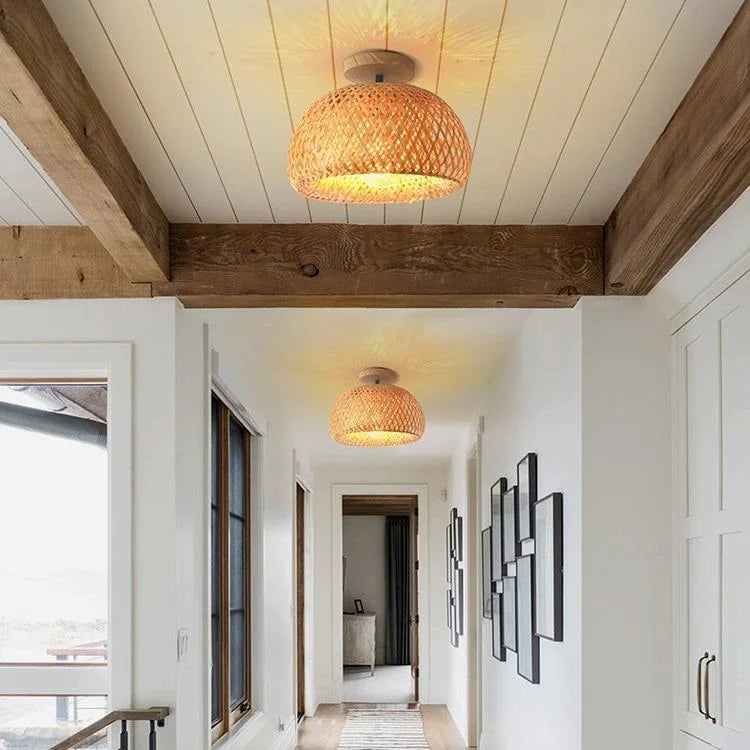 Boho Bamboo Rattan Flush Mount Ceiling Light Hand Woven