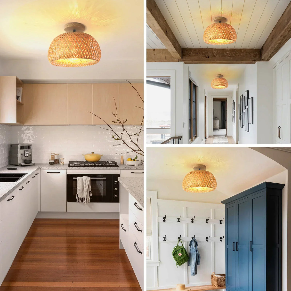 Boho Bamboo Rattan Flush Mount Ceiling Light Hand Woven