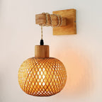 Boho Bamboo Wall Sconce Hand Woven Globe with Wood Arm