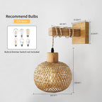 Boho Bamboo Wall Sconce Hand Woven Globe with Wood Arm