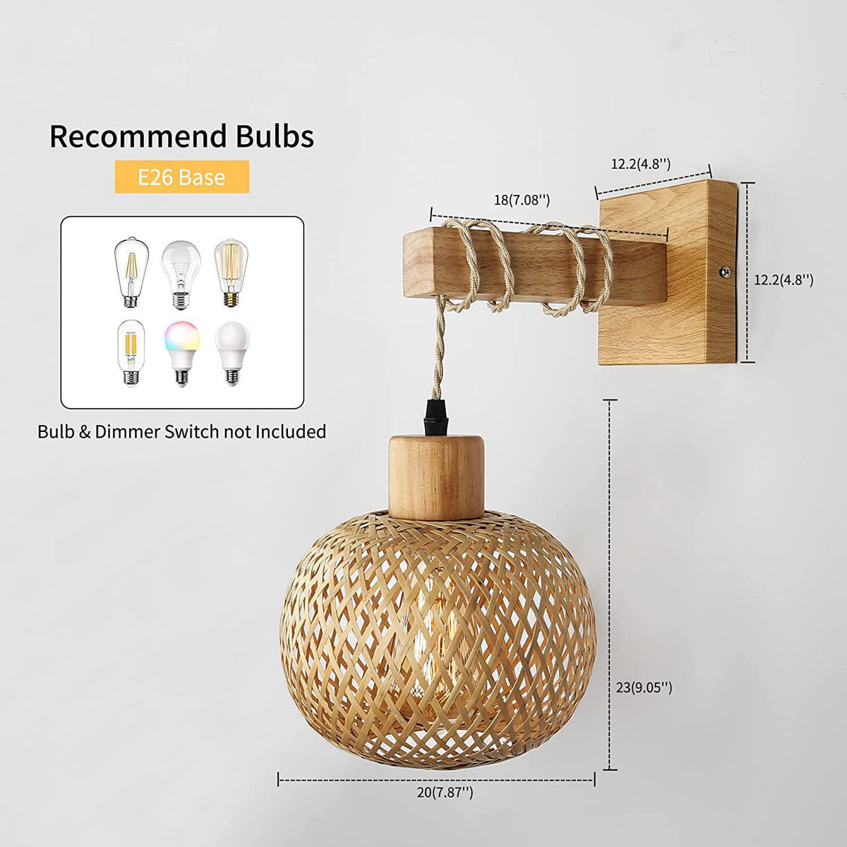 Boho Bamboo Wall Sconce Hand Woven Globe with Wood Arm