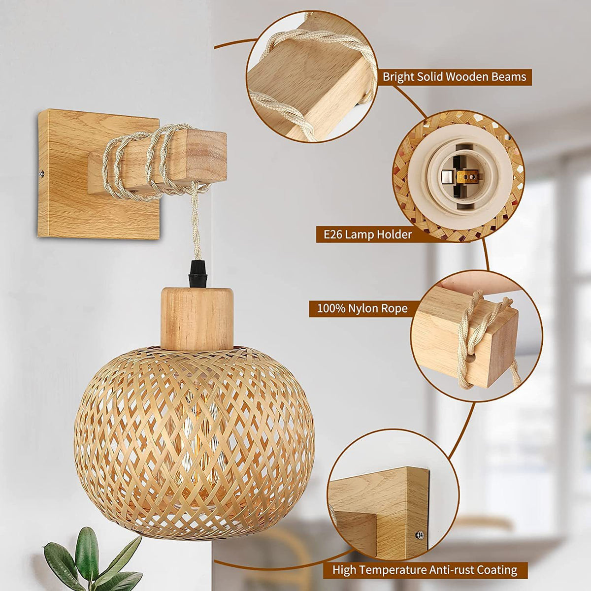 Boho Bamboo Wall Sconce Hand Woven Globe with Wood Arm