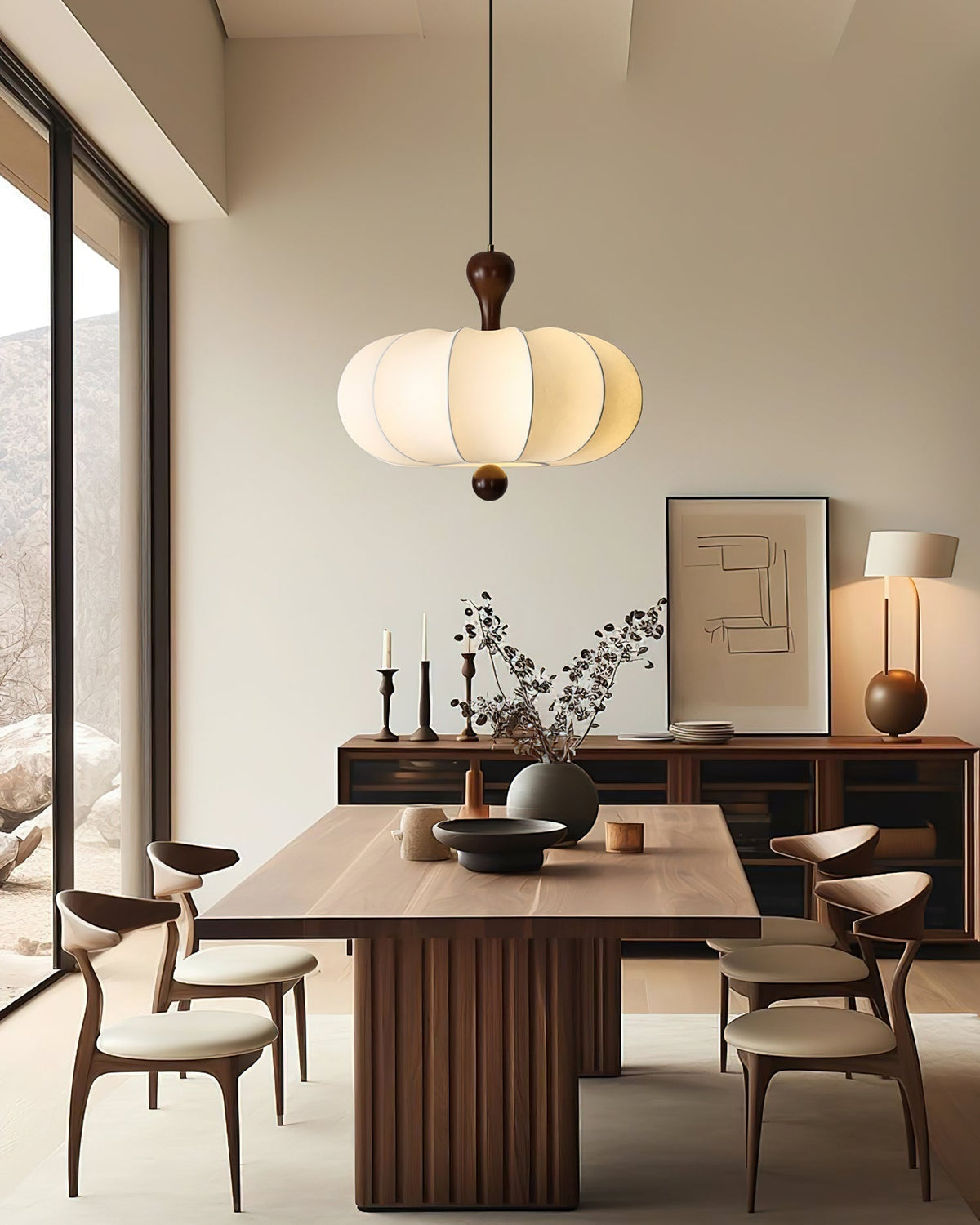 Japandi Fabric Pendant Light with Walnut Wood and Silk Shade