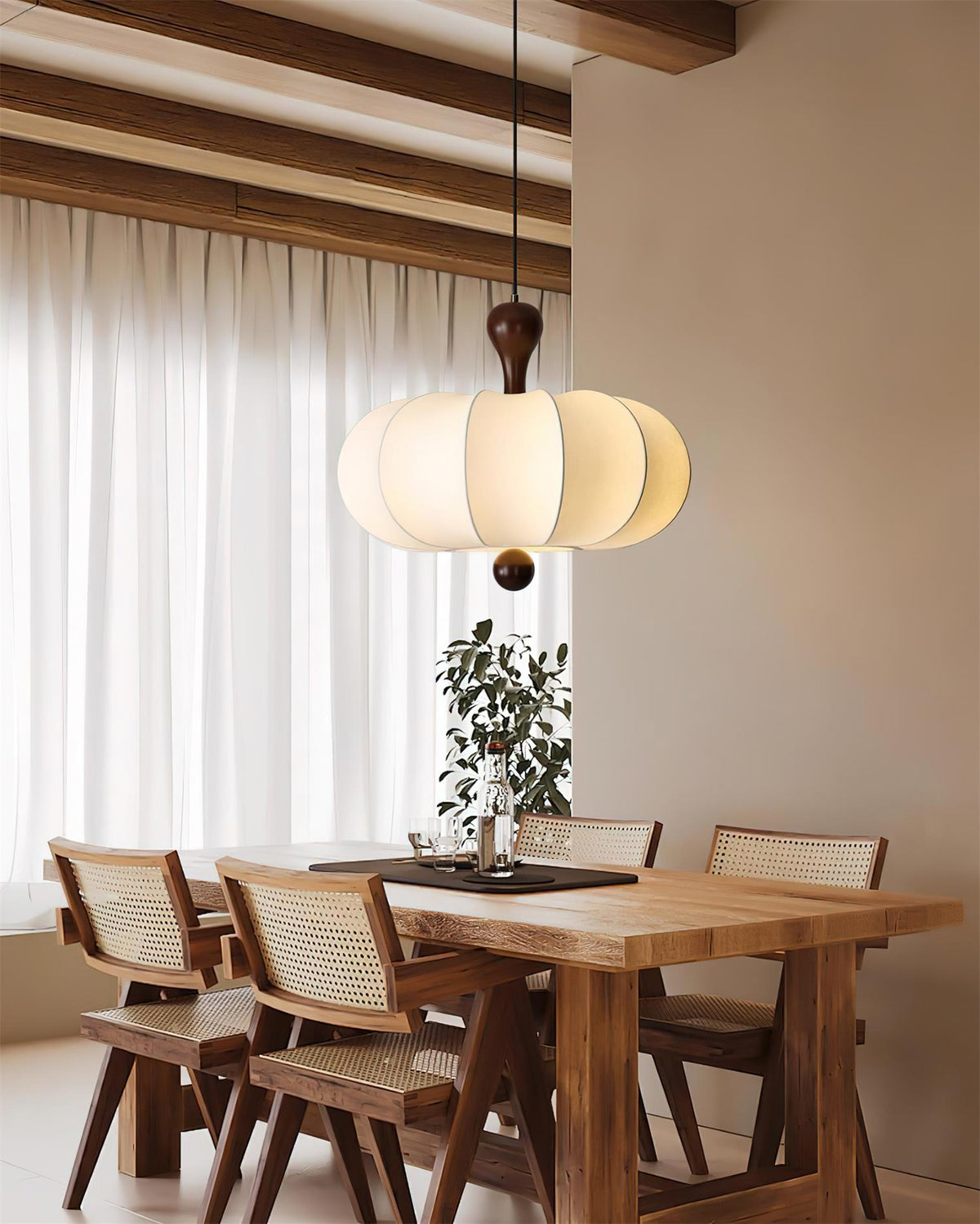 Japandi Fabric Pendant Light with Walnut Wood and Silk Shade