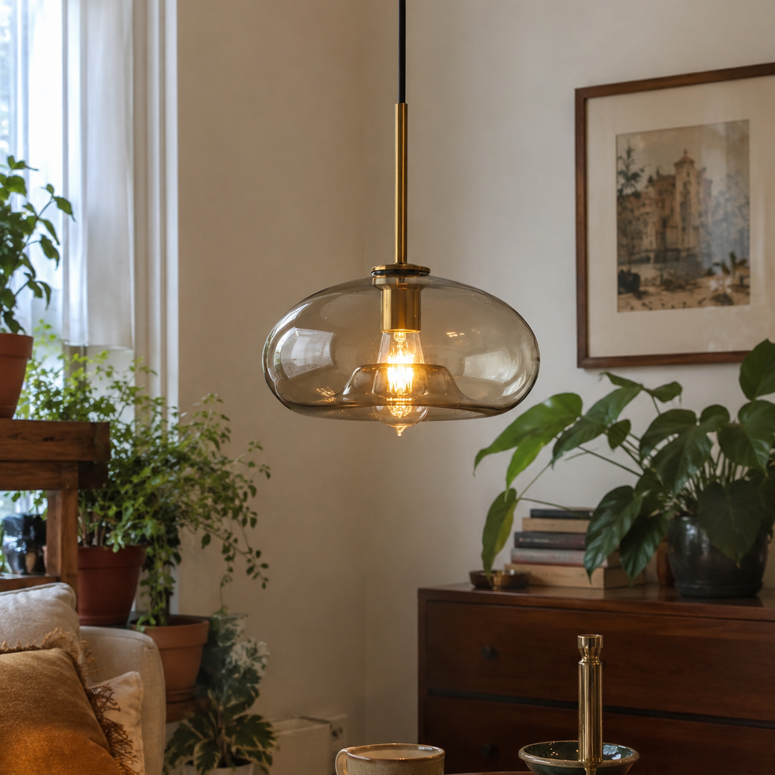 Glass Drop Pendant Light with Brass Stem