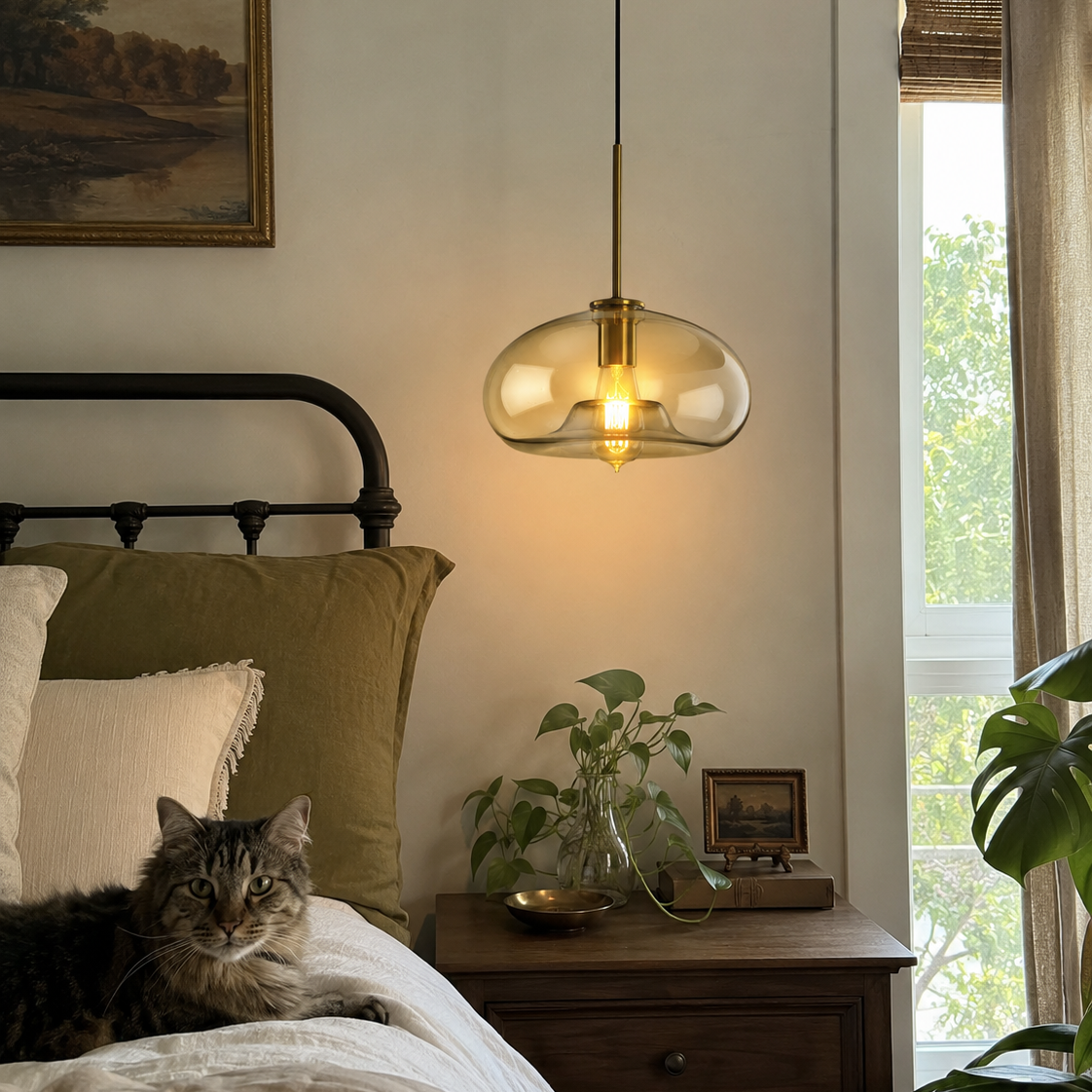 Glass Drop Pendant Light with Brass Stem