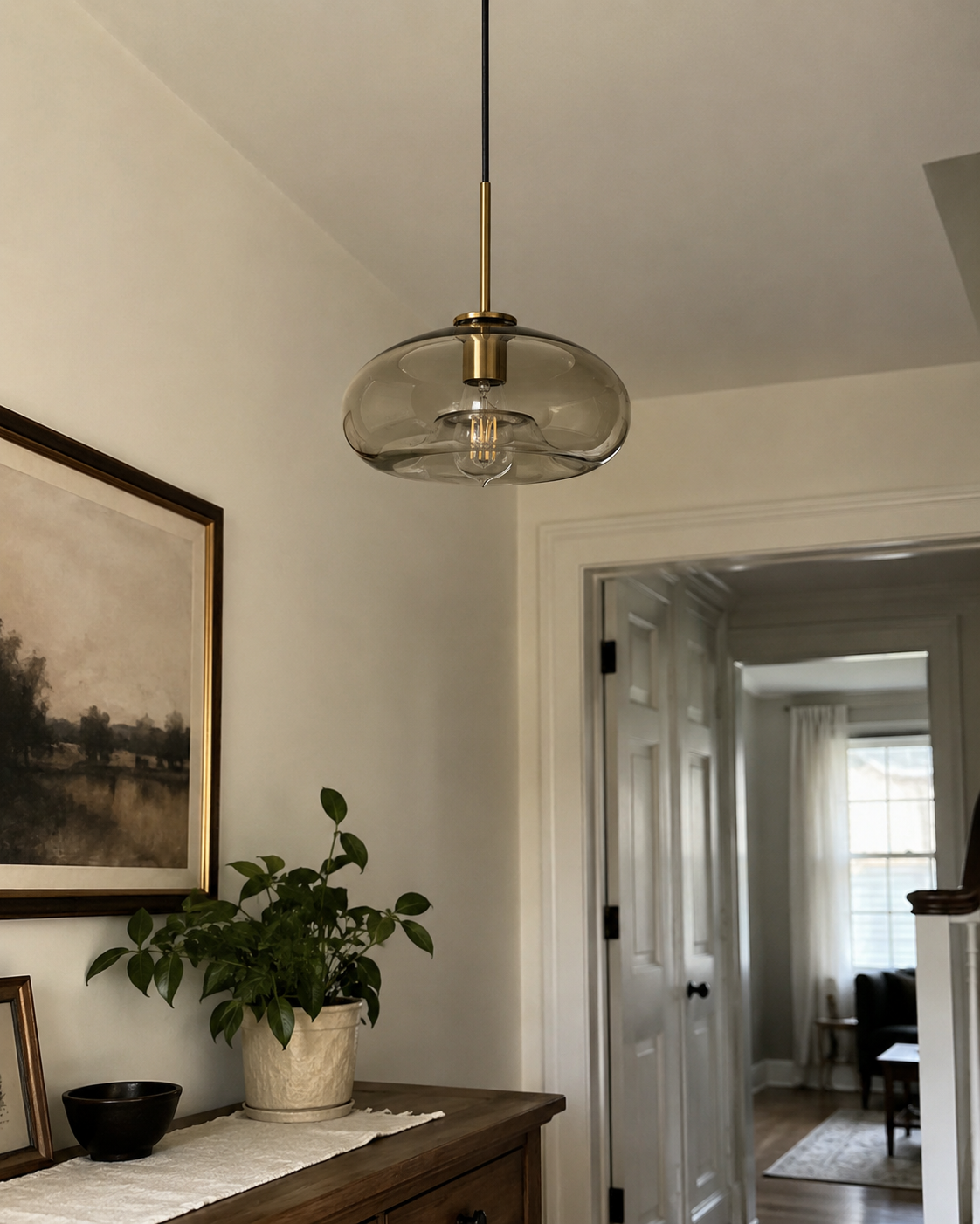 Glass Drop Pendant Light with Brass Stem