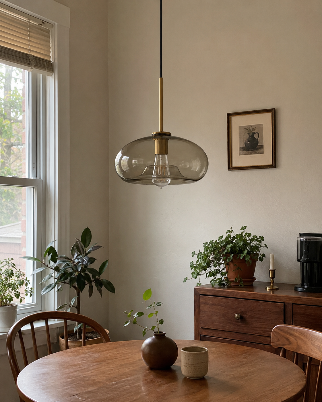 Glass Drop Pendant Light with Brass Stem
