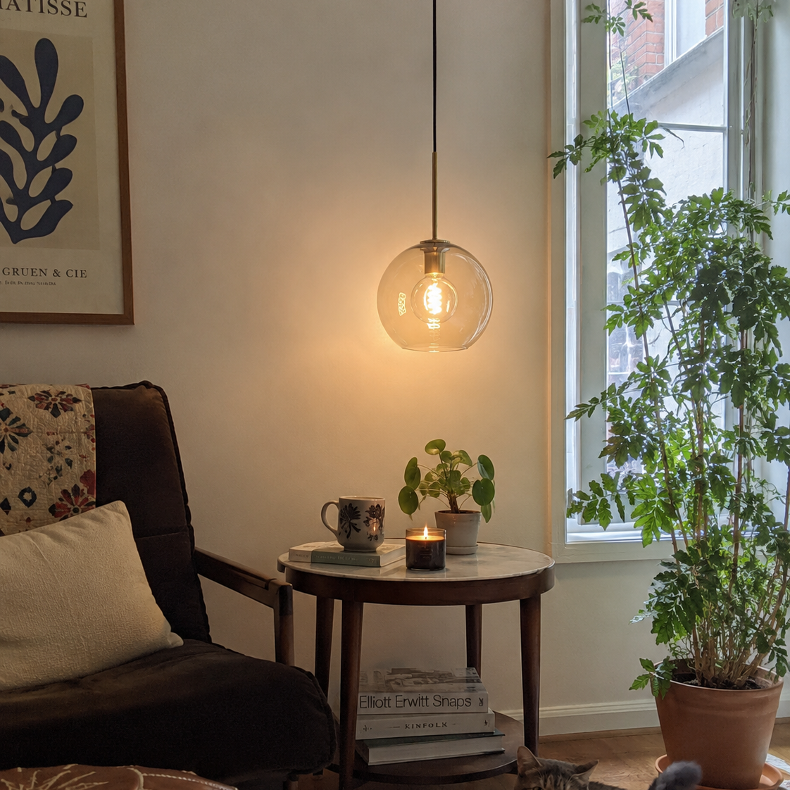 Glass Globe Pendant Light with Brass Stem