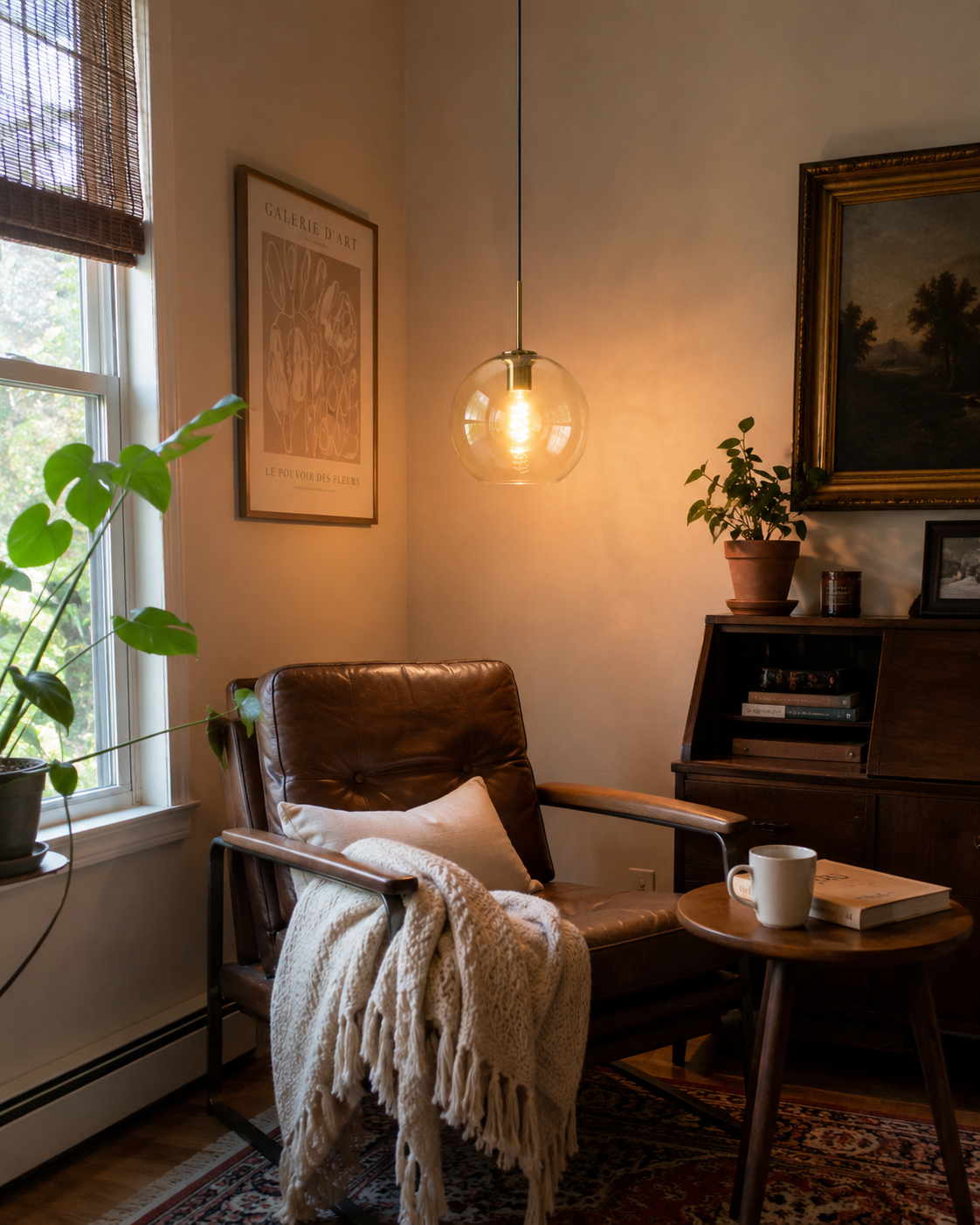 Glass Globe Pendant Light with Brass Stem