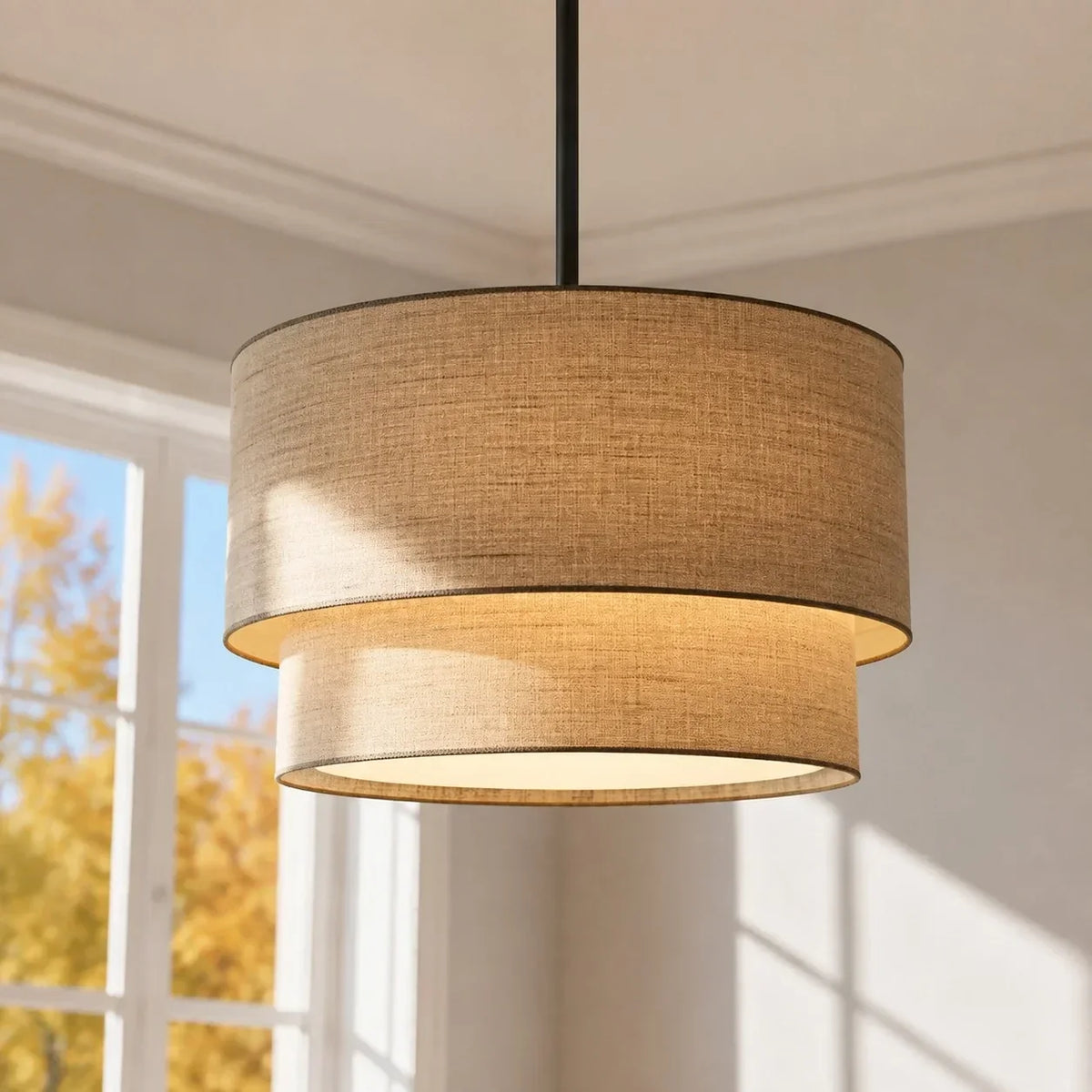 Linen Drum Pendant Light Double Tier Fabric Shade