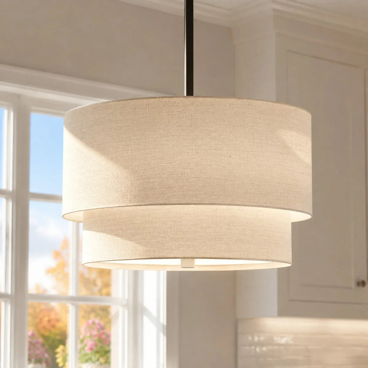 Linen Drum Pendant Light Double Tier Fabric Shade