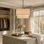 Linen Drum Pendant Light Double Tier Fabric Shade