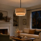 Linen Drum Pendant Light Double Tier Fabric Shade