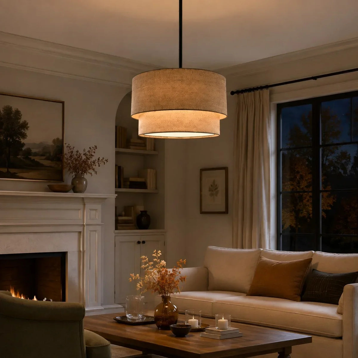 Linen Drum Pendant Light Double Tier Fabric Shade