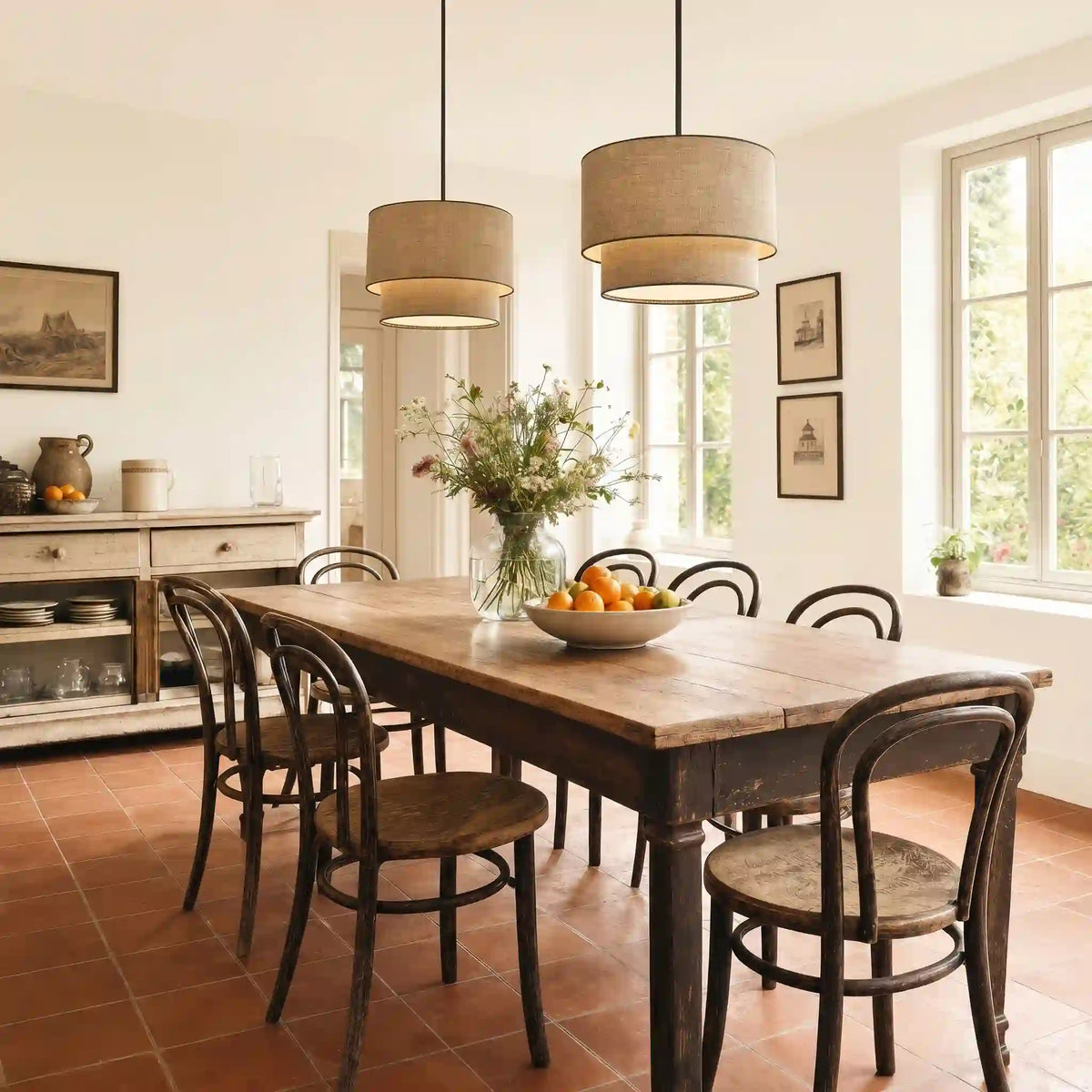 Linen Drum Pendant Light Double Tier Fabric Shade
