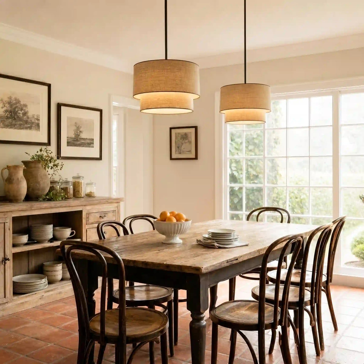Linen Drum Pendant Light Double Tier Fabric Shade