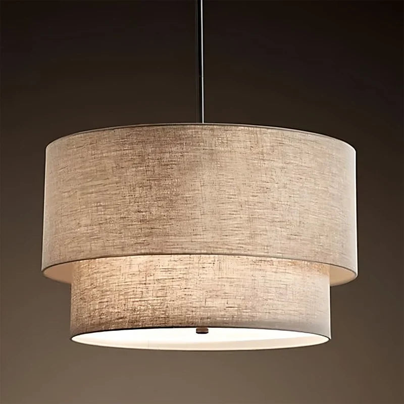 Linen Drum Pendant Light Double Tier Fabric Shade