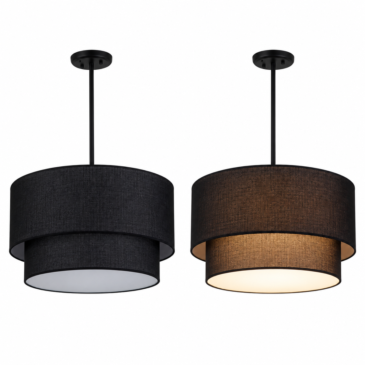Linen Drum Pendant Light Double Tier Fabric Shade