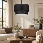 Linen Drum Pendant Light Double Tier Fabric Shade