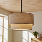 Linen Drum Pendant Light Double Tier Fabric Shade