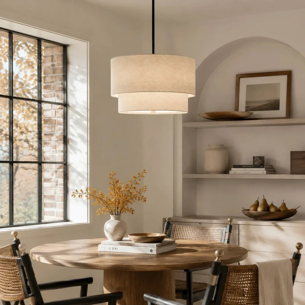 Linen Drum Pendant Light Double Tier Fabric Shade