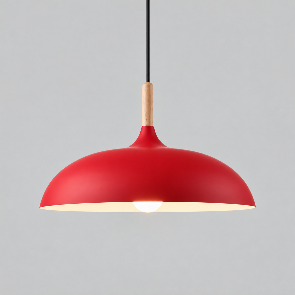 Scandinavian Metal Dome Pendant Light with Oak Wood Accent