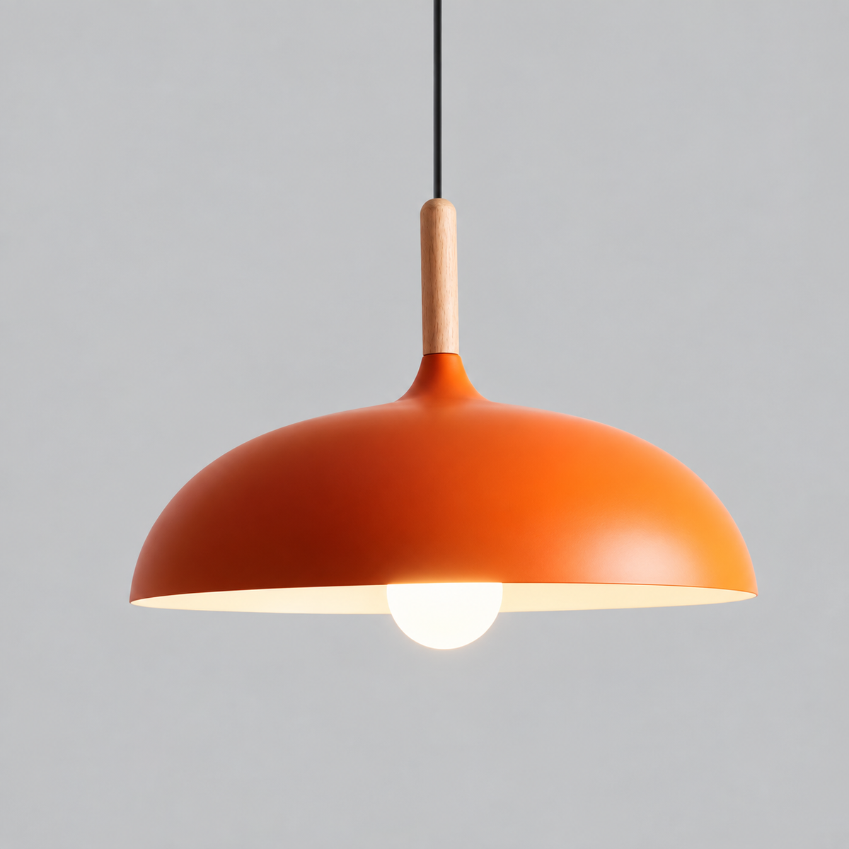 Scandinavian Metal Dome Pendant Light with Oak Wood Accent