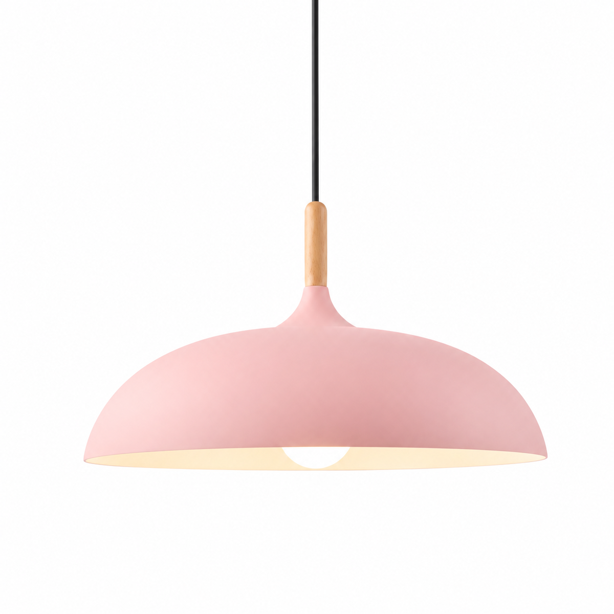 Scandinavian Metal Dome Pendant Light with Oak Wood Accent