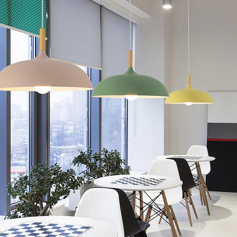 Scandinavian Metal Dome Pendant Light with Oak Wood Accent