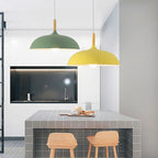 Scandinavian Metal Dome Pendant Light with Oak Wood Accent