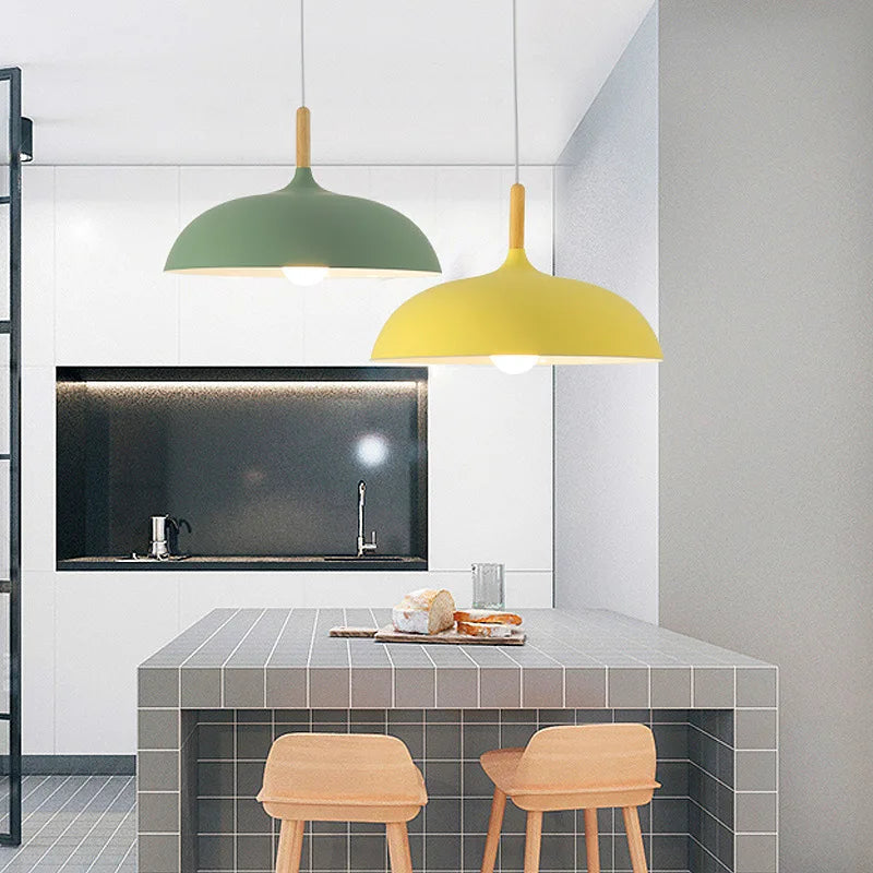 Scandinavian Metal Dome Pendant Light with Oak Wood Accent