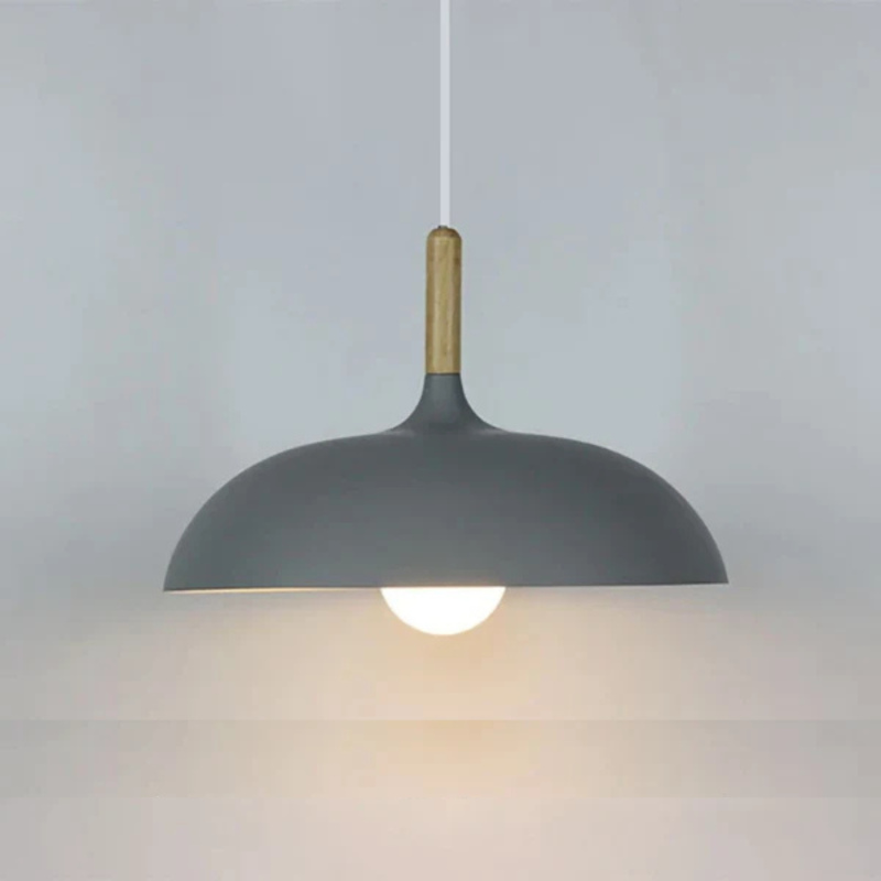 Scandinavian Metal Dome Pendant Light with Oak Wood Accent