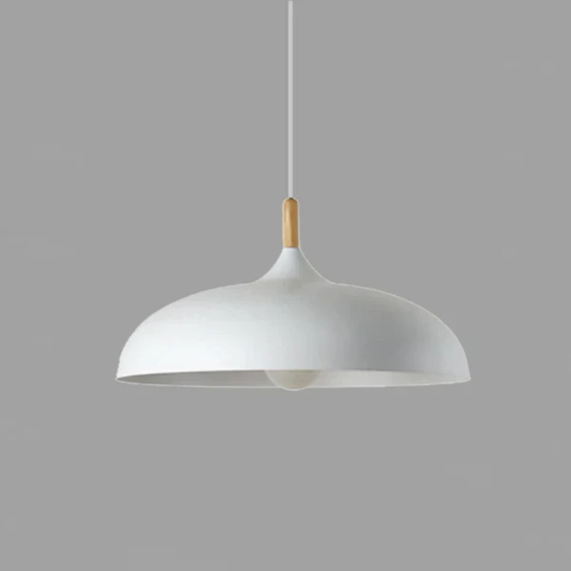 Scandinavian Metal Dome Pendant Light with Oak Wood Accent