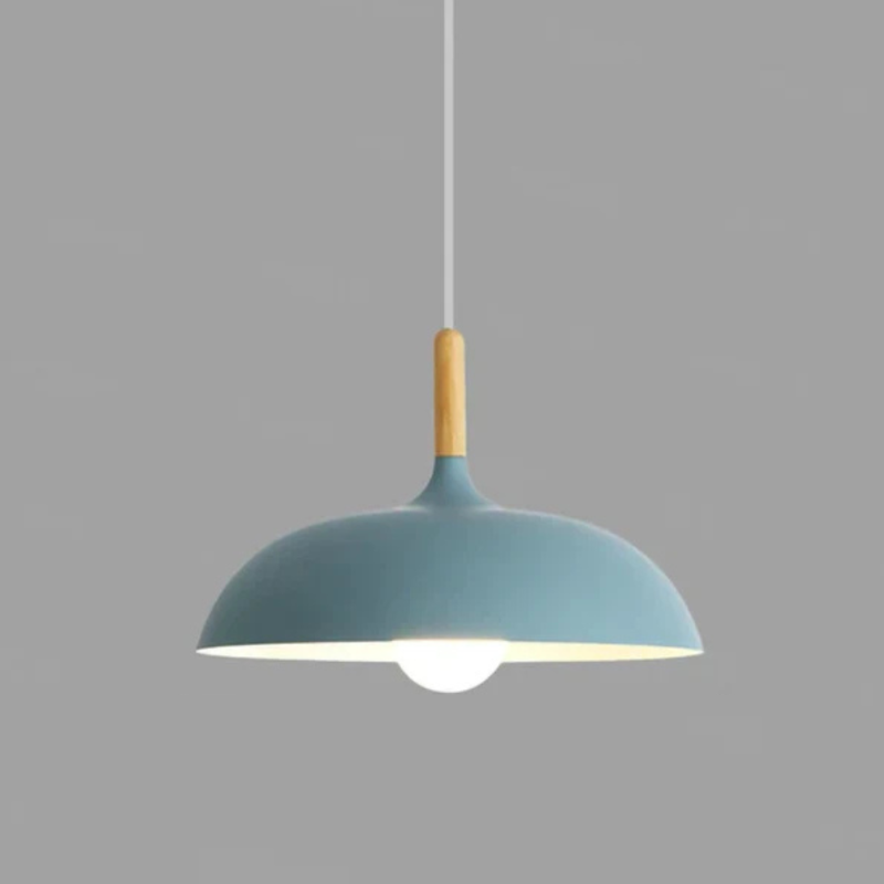 Scandinavian Metal Dome Pendant Light with Oak Wood Accent