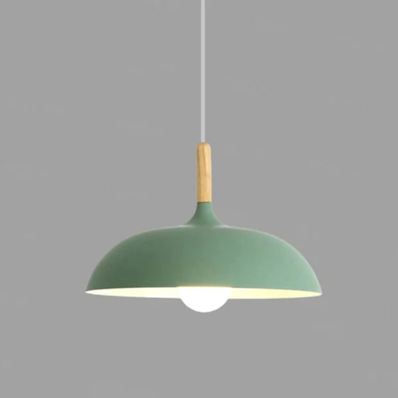 Scandinavian Metal Dome Pendant Light with Oak Wood Accent