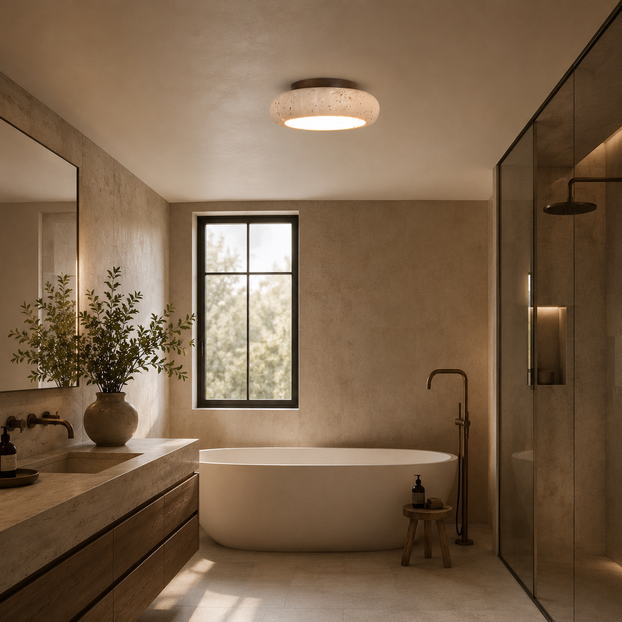 Travertine LED Ceiling Light with Wood