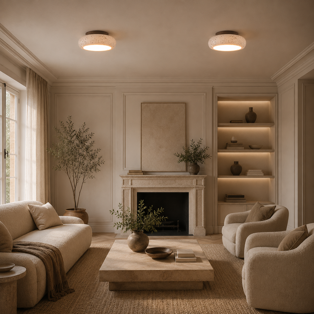 Travertine LED Ceiling Light with Wood