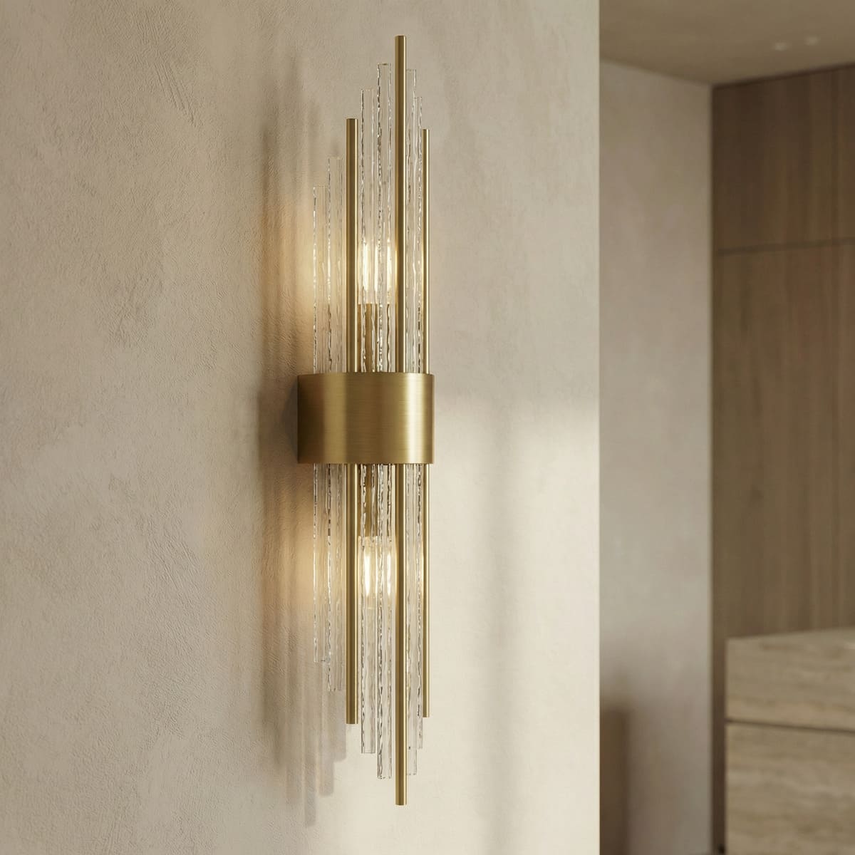Art Deco Gold Wall Sconce Crystal Glass Rod Up Down Light