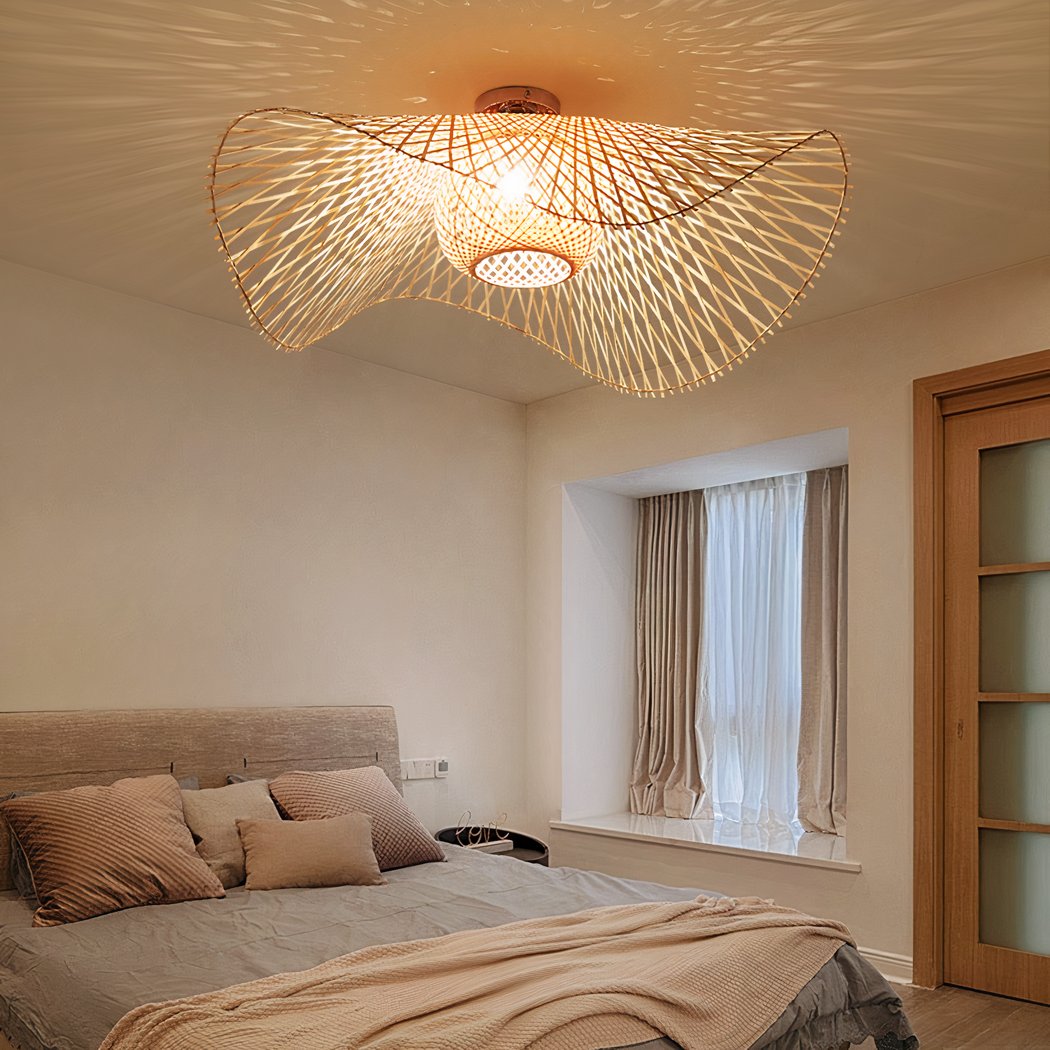 Boho Bamboo Flush Mount Ceiling Light Wavy Woven Shade
