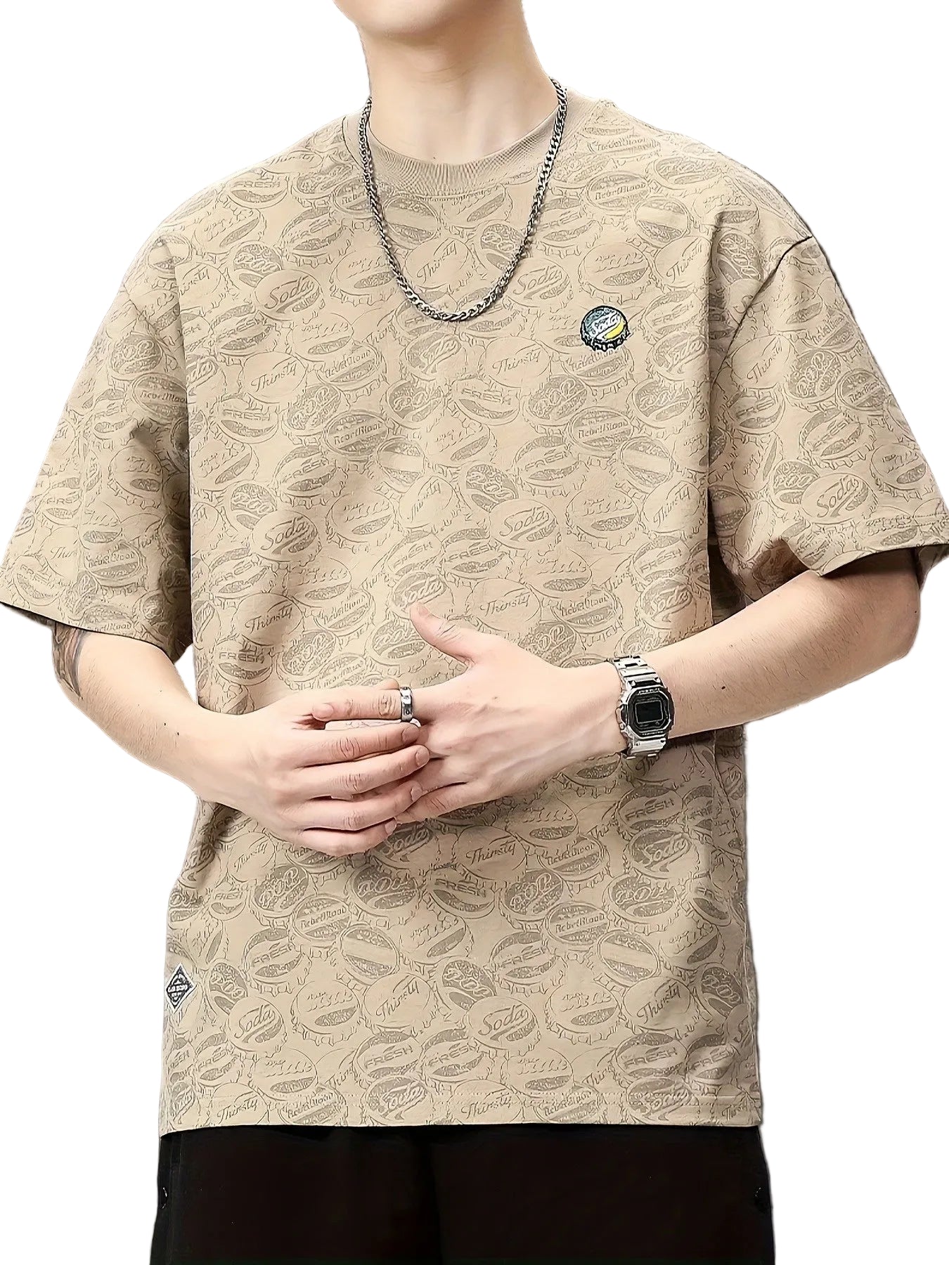 Men's Crewneck T-Shirt with Bottle Cap Print
