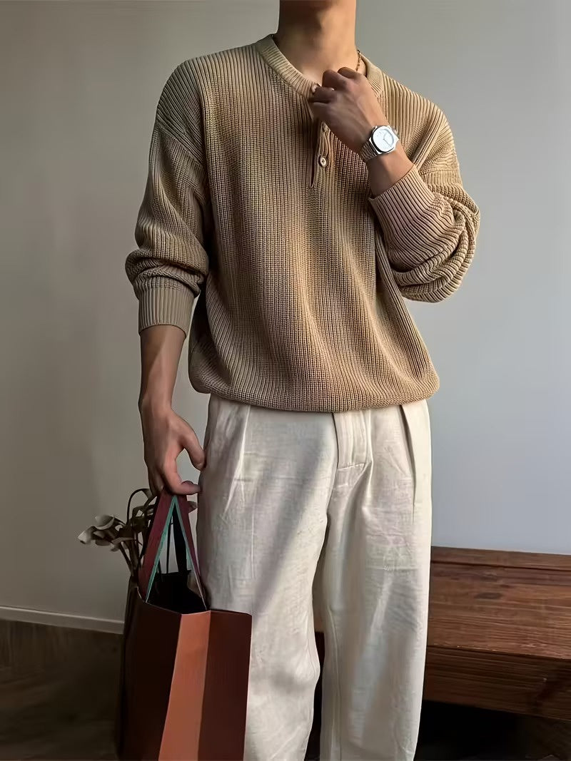 Men's Ribbed Knit Sweater with Button Placket