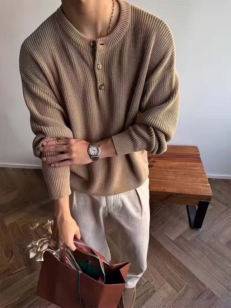 Men's Ribbed Knit Sweater with Button Placket