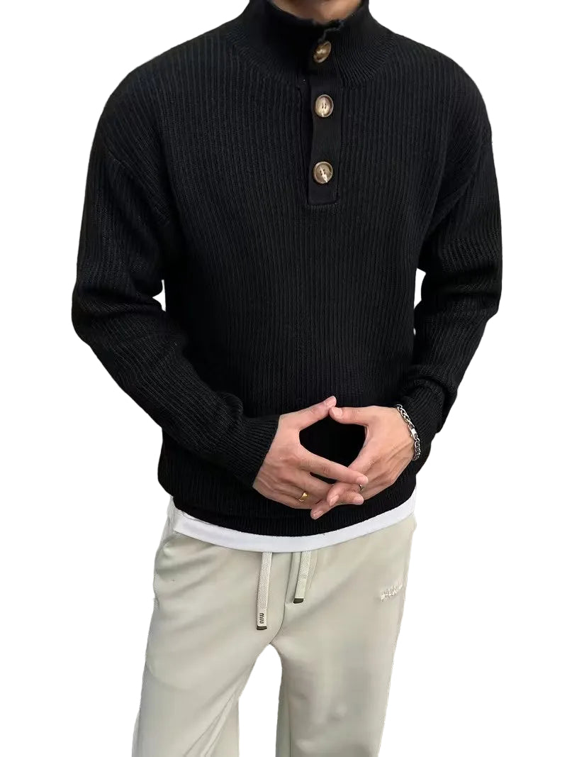 Men's Ribbed Knit Sweater with Stand Collar
