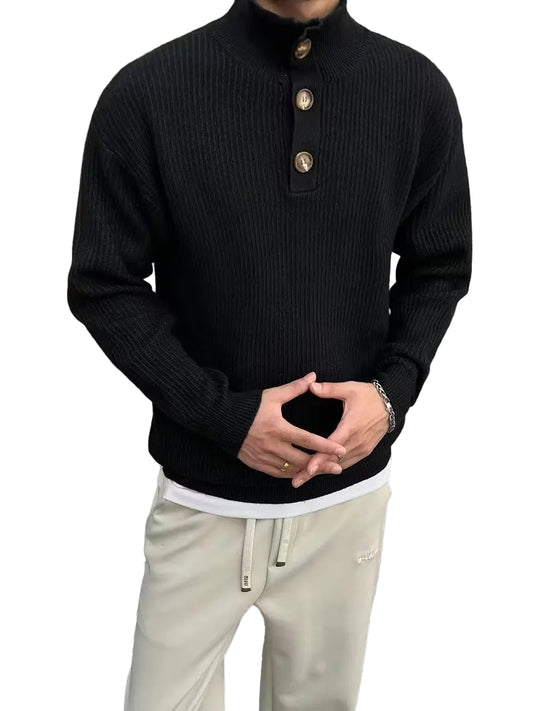 Men's Ribbed Knit Sweater with Stand Collar